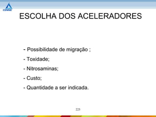 ESCOLHA DOS ACELERADORES



- Possibilidade de migração ;
- Toxidade;
- Nitrosaminas;
- Custo;
- Quantidade a ser indicada.



                      225
 
