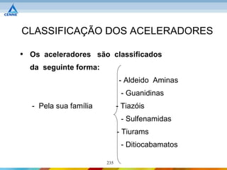 CLASSIFICAÇÃO DOS ACELERADORES

• Os aceleradores são classificados
  da seguinte forma:
                              - Aldeido Aminas
                               - Guanidinas
   - Pela sua família         - Tiazóis
                               - Sulfenamidas
                              - Tiurams
                               - Ditiocabamatos

                        235
 