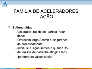 FAMILIA DE ACELERADORES
               AÇÃO

•   Sulfenamidas
     - Acelerador rápido de partida retar-
        dada;
      - Oferecem largo Scorch e segurança
        de processamento;
      - Inicia sua ação somente quando to-
        da massa de borracha atingir a tem-
       peratura de vulcanização;

                          258
 