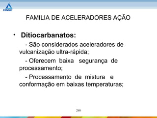 FAMILIA DE ACELERADORES AÇÃO

• Ditiocarbanatos:
    - São considerados aceleradores de
  vulcanização ultra-rápida;
    - Oferecem baixa segurança de
  processamento;
    - Processamento de mistura e
  conformação em baixas temperaturas;



                     268
 