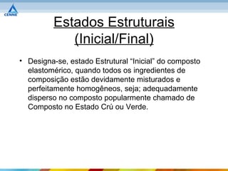 Estados Estruturais
             (Inicial/Final)
• Designa-se, estado Estrutural “Inicial” do composto
  elastomérico, quando todos os ingredientes de
  composição estão devidamente misturados e
  perfeitamente homogêneos, seja; adequadamente
  disperso no composto popularmente chamado de
  Composto no Estado Crú ou Verde.
 