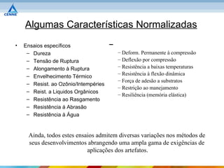 Algumas Características Normalizadas
•   Ensaios específicos
     – Dureza                          – Deform. Permanente à compressão
     – Tensão de Ruptura               – Deflexão por compressão
     – Alongamento à Ruptura           – Resistência a baixas temperaturas
                                       – Resistência à flexão dinâmica
     – Envelhecimento Térmico
                                       – Força de adesão a substratos
     – Resist. ao Ozônio/Intempéries
                                       – Restrição ao manejamento
     – Reist. a Liquidos Orgânicos
                                       – Resiliência (memória elástica)
     – Resistência ao Rasgamento
     – Resistência á Abrasão
     – Resistência à Água


     Ainda, todos estes ensaios admitem diversas variações nos métodos de
     seus desenvolvimentos abrangendo uma ampla gama de exigências de
                            aplicações dos artefatos.
 
