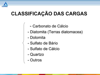 CLASSIFICAÇÃO DAS CARGAS

      - Carbonato de Cálcio
     - Diatomita (Terras diatomacea)
     - Dolomita
     - Sulfato de Bário
     - Sulfato de Cálcio
     - Quartzo
     - Outros
 