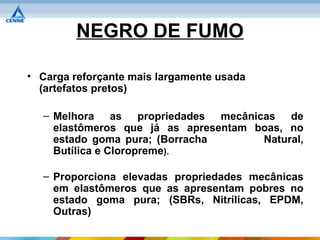 NEGRO DE FUMO

• Carga reforçante mais largamente usada
  (artefatos pretos)

  – Melhora as propriedades mecânicas de
    elastômeros que já as apresentam boas, no
    estado goma pura; (Borracha       Natural,
    Butílica e Cloropreme).

  – Proporciona elevadas propriedades mecânicas
    em elastômeros que as apresentam pobres no
    estado goma pura; (SBRs, Nitrílicas, EPDM,
    Outras)
 