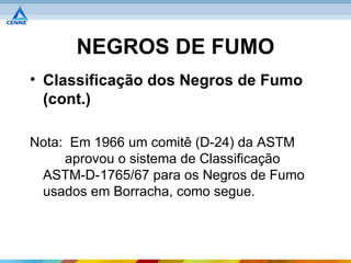 NEGROS DE FUMO
• Classificação dos Negros de Fumo
  (cont.)

Nota: Em 1966 um comitê (D-24) da ASTM
     aprovou o sistema de Classificação
 ASTM-D-1765/67 para os Negros de Fumo
 usados em Borracha, como segue.
 