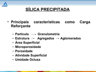 SÍLICA PRECIPITADA

• Principais características       como     Carga
  Reforçante

  –   Partícula     Granulometria
  –   Estrutura     Agregados     Aglomerados
  –   Área Superficial
  –   Microporosidade
  –   Porosidade
  –   Atividade Superficial
  –   Umidade Oclusa
 
