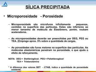 SÍLICA PRECIPITADA

• Microporosidade - Porosidade

  – Microporosidade são microfuros infinitamente        pequenos,
    contidos na superfície das partículas. Estes são inferiores ao
    menor tamanho de molécula do Elastômero, porém, roubam
    aceleradores.

  – As microporosidades deverão ser preenchidas por DEG, PEG ou
    TEA. (Emprego aprox. 5% sobre a quantidade de cargas.

  – As porosidades são furos maiores na superfície das partículas. As
    moléculas elastoméricas penetram na porosidade, o que ajuda o
    efeito de reforçamento.

  NOTA: DEG = Dietilenoglicol; PEG = Polietilenoglicol
        TEA = Trietanolamina

  * A diferença dos valores BET - CTAB, indica a quantidade de porosidade
     existente.
 