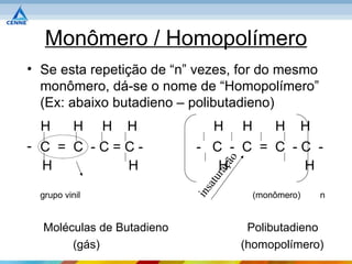 Monômero / Homopolímero
• Se esta repetição de “n” vezes, for do mesmo
  monômero, dá-se o nome de “Homopolímero”
  (Ex: abaixo butadieno – polibutadieno)
  H        H    H   H            H    H       H    H
- C = C -C=C-              - C - C = C -C -




                                 ão
  H        H                  H         H


                             raç
                            a tu
                           ins
  grupo vinil                             (monômero)   n


  Moléculas de Butadieno               Polibutadieno
       (gás)                          (homopolímero)
 