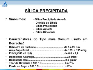 SÍLICA PRECIPITADA
• Sinônimos:                  - Sílica Precipitada Amorfa
                              - Dióxido de Silicio
                              - Sílica Precipitada
                              - Sílica Amorfa
                              - Sílica Hidratada

• Características do Tipo mais Comum usado em
  Borracha:
•   Diâmetro de Partícula....................................... de 5 a 25 nm
•   Área Superficial..................................................de 155 a 195 m2/g
•   PH (5g/100 ml H20)..............................................de 6,0 a 7,2
•   Densidade Aparente...........................................0,22 g/cm3
•   Densidade Real................................................... 2,0 g/cm3
•   Teor de Umidade a 105 º C................................ 6 a 7 %
•   Perda no Fogo a 900 º C.................................... ~11%
 