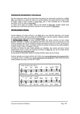 DOMINANTES SECUNDARIOS Y SUS ESCALAS

Hay dos excepciones dentro de los dominantes secundarios (ver dominantes secundarios en NIVEL
VIII), que producen un cambio de modo en el acorde diatónico del campo armónico mayor al que
se dirigen. Sobre el IIIm7 usamos el modo frigio, pero si viene precedido por su dominante
secundario (V/III) se utiliza el modo eólico.
Lo mismo ocurre sobre el IV grado, sobre el cual usamos el modo lidio, excepto cuando viene
precedido por su dominante secundario, situación en la que usamos el modo jónico.

INTERCAMBIO MODAL


Cuando hablamos de campo armónico ( ver NIVEL VI) no nos referimos solamente a los acordes
que se pueden formar sobre los grados de la escala mayor o las tres menores. Podemos construir
un campo armónico sobre cada uno de los modos griegos.
El INTERCAMBIO MODAL es tomar prestados grados del campo armónico de otros modos
llamados "paralelos", y sustituir a los diatónicos del mayor o del menor que ya conocemos. De esta
forma se enriquece aún más la variedad de acordes que podemos incluir en un tema. Si estamos en
el campo armónico de C mayor, se pueden construir los campor armónicos de los modos paralelos:
C dórico, C frigio, C lidio, C mixolidio, y C locrio.
No todos los acordes de estos modos paralelos son utilizables. Hay muchos que tienen función
subdominante mayor y menor (ver funciones armónicas en NIVEL VI), por eso se incluyen dentro
de las cadencias con intercambio modal.
Es más común el intercambio modal en el campo armónico mayor que en el menor.

El primer ejemplo es el campo armónico del C dórico (que usa las alteraciones de la escala de SIb )
y el segundo, el de C mixolidio (que usa las alteraciones de la escala de F). Estos serían dos de los
modos paralelos del campo armónico de C mayor.




Curso de Teoría de la Música                                                           Pag. 104
 