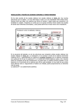 MODULACIÓN A TRAVÉS DE ACORDES COMUNES A TONOS MENORES

De los siete acordes de las escalas relativas (ver escalas relativas en NIVEL IV), hay muchas
estructuras que se repiten, y es muy fácil dudar si hubo o no una modulación entre ambos tonos.
Siempre tiene que haber una cadencia que afirme el cambio, o algún grado que caracterice a la
tonalidad en cuestión. Tengamos en cuenta que en el campo armónico menor existen tres escalas
de donde sacar diferentes sonoridades, y esto puede definirnos el modo menor de la modulación.




En la secuencia del ejemplo, se ven las estructuras que comparten ambas escalas relativas (ver
escalas relativas en NIVEL IV). La modulación a G se produjo a través de la cadencia dominante
(cadencia N°2), y aparentemente se reafirma la tonalidad transitoria con la cadencia compuesta
con sustitución de IV por II (cadencia N° 3). A través de la misma cadencia vuelve a Em. Durante
todos los compases de las dos modulaciones, se puede hacer un análisis armónico paralelo. Si nos
basamos en el movimiento de la cadencia que afirma cada tonalidad, no hay duda de que ambos
tonos alternan entre sí. Seguramente si hubiera una melodía, podría proporcionarnos un elemento
más de ayuda.
La cadencia N° 1 es subdominante auténtica.




Curso de Teoría de la Música                                                       Pag. 125
 