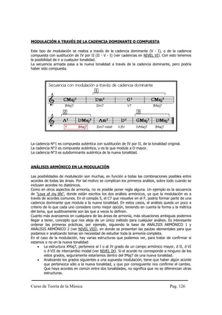 MODULACIÓN A TRAVÉS DE LA CADENCIA DOMINANTE O COMPUESTA

Este tipo de modulación se realiza a través de la cadencia dominante (V - I), o de la cadencia
compuesta con sustitución de IV por II (II - V - I) (ver cadencias en NIVEL VI). Con esto tenemos
la posibilidad de ir a cualquier tonalidad.
La secuencia armada pasa a la nueva tonalidad a través de la cadencia dominante, pero podría
haber sido compuesta.




La cadencia N°1 es compuesta auténtica con sustitución de IV por II, de la tonalidad original.
La cadencia N°2 es compuesta auténtica, y es la que modula a D mayor.
La cadencia N°3 es subdominante auténtica de la nueva tonalidad.


ANÁLISIS ARMÓNICO EN LA MODULACIÓN

Las posibilidades de modulación son muchas, en función a todas las combinaciones posibles entre
acordes de todas las áreas. Por tal motivo se complican los primeros análisis, sobre todo cuando se
incluyen acordes no diatónicos.
Como en otros aspectos de armonía, no es posible poner regla alguna. Un ejemplo es la secuencia
de "Love of my life", donde están escritos los dos análisis armónicos, ya que la modulación es a
través de acordes comunes. En el compás 5, el C7 que resuelve en el F, podría formar parte de una
cadencia dominante que modula a la nueva tonalidad. En estos casos, el análisis queda un poco a
criterio de lo que cada uno considere como mejor opción, teniendo en cuenta la forma y la métrica
del tema, que auditivamente son las que a veces lo definen.
Cuanto más avanzamos en cualquiera de las áreas de armonía, más situaciones ambiguas podemos
llegar a tener, concepto que nos aleja de un único método para cualquier análisis. Es interesante
ordenar las primeras prácticas, por ejemplo, siguiendo la base de ANÁLISIS ARMÓNICO 1 y
ANÁLISIS ARMÓNICO 2 (ver NIVEL VIII), en donde se presentan las pautas elementales para que
podamos ir analizando temas sin necesidad de estudiar toda la armonía completa.
En el caso de la modulación, hay varias estructuras que podemos ver, para tratar de confirmar si
estamos o no en la nueva tonalidad:
     • La estructura XMaj7, pertenece al I o al IV grado de un campo armónico mayor, b II, b VI
         o b VII de intercambio modal (ver NIVEL IX). Si el acorde no corresponde a ninguno de los
         estos grados, seguramente estaríamos dentro del IMaj7 de una nueva tonalidad.
     • Analizando los grados siguientes a una supuesta modulación, tiene que haber algún acorde
         que pertenezca sólo a la nueva tonalidad, y que por consiguiente nos confirme el cambio.
         Que haya acordes en común entre dos tonalidades, no significa que no se diferencian otras
         estructuras.


Curso de Teoría de la Música                                                           Pag. 126
 