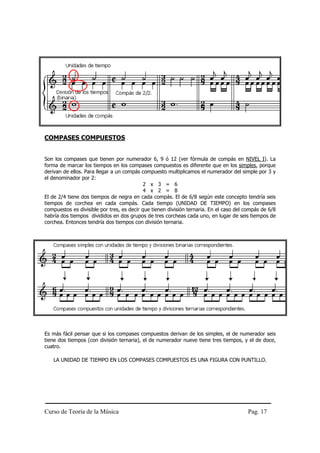 COMPASES COMPUESTOS


Son los compases que tienen por numerador 6, 9 ó 12 (ver fórmula de compás en NIVEL I). La
forma de marcar los tiempos en los compases compuestos es diferente que en los simples, porque
derivan de ellos. Para llegar a un compás compuesto multiplicamos el numerador del simple por 3 y
el denominador por 2:
                                            2 x 3 = 6
                                            4 x 2 = 8
El de 2/4 tiene dos tiempos de negra en cada compás. El de 6/8 según este concepto tendría seis
tiempos de corchea en cada compás. Cada tiempo (UNIDAD DE TIEMPO) en los compases
compuestos es divisible por tres, es decir que tienen división ternaria. En el caso del compás de 6/8
habría dos tiempos divididos en dos grupos de tres corcheas cada uno, en lugar de seis tiempos de
corchea. Entonces tendría dos tiempos con división ternaria.




Es más fácil pensar que si los compases compuestos derivan de los simples, el de numerador seis
tiene dos tiempos (con división ternaria), el de numerador nueve tiene tres tiempos, y el de doce,
cuatro.

   LA UNIDAD DE TIEMPO EN LOS COMPASES COMPUESTOS ES UNA FIGURA CON PUNTILLO.




Curso de Teoría de la Música                                                            Pag. 17
 