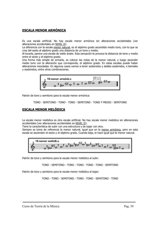 ESCALA MENOR ARMÓNICA


Es una escala artificial. No hay escala menor armónica sin alteraciones accidentales (ver
alteraciones accidentales en NIVEL II).
La diferencia con la escala menor natural, es el séptimo grado ascendido medio tono, con lo que se
crea del sexto al séptimo grado una distancia de un tono y medio.
Al tocarla, parece una escala de estilo árabe. Esta sensación la provoca la distancia de tono y medio
entre el sexto y el séptimo grado.
Una forma más simple de armarla, es colocar las notas de la menor natural, y luego ascender
medio tono con la alteración que corresponda, el séptimo grado. En estas escalas puede haber
alteraciones mezcladas. En algunos casos vamos a tener sostenidos y dobles sostenidos, o bemoles
y sostenidos, entre otras combinaciones.




Patrón de tono y semitono para la escala menor armónica:

         TONO - SEMITONO - TONO - TONO - SEMITONO - TONO Y MEDIO - SEMITONO

ESCALA MENOR MELÓDICA


La escala menor melódica es otra escala artificial. No hay escala menor melódica sin alteraciones
accidentales (ver alteraciones accidentales en NIVEL II).
Tiene la característica de subir con una estructura y de bajar con otra.
Siempre se toma de referencia la menor natural, igual que en la menor armónica, pero en esta
escala se ascienden el sexto y el séptimo grado. Cuando baja, lo hace igual que la menor natural.




Patrón de tono y semitono para la escala menor melódica al subir:

                 TONO - SEMITONO - TONO - TONO - TONO - TONO - SEMITONO

Patrón de tono y semitono para la escala menor melódica al bajar:

                 TONO - TONO - SEMITONO - TONO - TONO - SEMITONO - TONO




Curso de Teoría de la Música                                                            Pag. 39
 