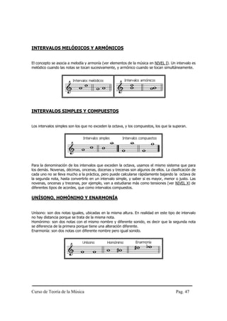 INTERVALOS MELÓDICOS Y ARMÓNICOS


El concepto se asocia a melodía y armonía (ver elementos de la música en NIVEL I). Un intervalo es
melódico cuando las notas se tocan sucesivamente, y armónico cuando se tocan simultáneamente.




INTERVALOS SIMPLES Y COMPUESTOS


Los intervalos simples son los que no exceden la octava, y los compuestos, los que la superan.




Para la denominación de los intervalos que exceden la octava, usamos el mismo sistema que para
los demás. Novenas, décimas, oncenas, docenas y trecenas son algunos de ellos. La clasificación de
cada uno no se lleva mucho a la práctica, pero puede calcularse rápidamente bajando la octava de
la segunda nota, hasta convertirlo en un intervalo simple, y saber si es mayor, menor o justo. Las
novenas, oncenas y trecenas, por ejemplo, van a estudiarse más como tensiones (ver NIVEL X) de
diferentes tipos de acordes, que como intervalos compuestos.

UNÍSONO, HOMÓNIMO Y ENARMONÍA


Unísono: son dos notas iguales, ubicadas en la misma altura. En realidad en este tipo de intervalo
no hay distancia porque se trata de la misma nota.
Homónimo: son dos notas con el mismo nombre y diferente sonido, es decir que la segunda nota
se diferencia de la primera porque tiene una alteración diferente.
Enarmonía: son dos notas con diferente nombre pero igual sonido.




Curso de Teoría de la Música                                                           Pag. 47
 