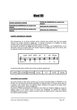 Nivel VII
                                                   TIPOS DE CADENCIAS (en campo arm.
CAMPO ARMÓNICO MENOR
                                                   menor)
FUNCION ES ARMÓNICAS (en campo arm.
                                                   ANÁLISIS DE CADENCIAS 1
menor)
FUNCION ES SUSTITUTAS (en campo arm.
                                                   ANÁLISIS DE CADENCIAS 2
menor)



 CAMPO ARMÓNICO MENOR


 Para introducirnos en el campo armónico menor, tenemos que recordar que hay tres escalas
 menores (ver escalas menores en NIVEL IV) : la natural, la armónica y la melódica. El campo
 armónico menor más usado de los tres es el de la menor armónica.
 Las funciones armónicas (ver NIVEL VI) están siempre en la tónica, en el subdominante y en el
 dominante, tanto de la escala mayor (ver escalas mayores en NIVEL IV) como de la menor, pero
 con algunas variantes en las estructuras.




 La estructura del campo armónico de la menor armónica quedaría así:


   I m(M7)     II m7(b5) III M7(#5)          IV m7          V7         VI M7        VII dis


 Sonoridades poco estables

 Hay varios acordes en este campo armónico que no tienen sonoridad estable. El TERCERO es uno
 de ellos, con una estructura de acorde aumentado con séptima mayor. La mayoría de las veces va
 a aparecer como acorde mayor con séptima mayor, tomando el III grado de la escala menor
 natural (ver escala menor natural en NIVEL IV).
 El acorde de TÓNICA generalmente va a aparecer como tríada (ver tríadas en NIVEL V), porque la
 séptima mayor en un acorde menor no suena muy equilibrada. Si aparece con séptima,
 probablemente tome la menor, y quede un acorde menor con séptima menor, I grado de la natural
 (sin séptimo grado ascendido).




 Curso de Teoría de la Música                                                      Pag. 69
 