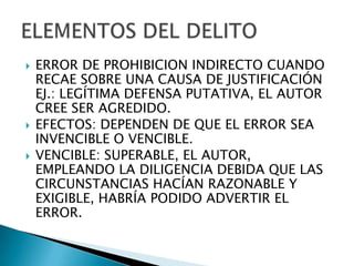    ERROR DE PROHIBICION INDIRECTO CUANDO
    RECAE SOBRE UNA CAUSA DE JUSTIFICACIÓN
    EJ.: LEGÍTIMA DEFENSA PUTATIVA, EL AUTOR
    CREE SER AGREDIDO.
   EFECTOS: DEPENDEN DE QUE EL ERROR SEA
    INVENCIBLE O VENCIBLE.
   VENCIBLE: SUPERABLE, EL AUTOR,
    EMPLEANDO LA DILIGENCIA DEBIDA QUE LAS
    CIRCUNSTANCIAS HACÍAN RAZONABLE Y
    EXIGIBLE, HABRÍA PODIDO ADVERTIR EL
    ERROR.
 