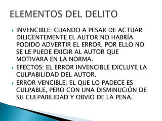    INVENCIBLE: CUANDO A PESAR DE ACTUAR
    DILIGENTEMENTE EL AUTOR NO HABRÍA
    PODIDO ADVERTIR EL ERROR, POR ELLO NO
    SE LE PUEDE EXIGIR AL AUTOR QUE
    MOTIVARA EN LA NORMA.
   EFECTOS: EL ERROR INVENCIBLE EXCLUYE LA
    CULPABILIDAD DEL AUTOR.
   ERROR VENCIBLE: EL QUE LO PADECE ES
    CULPABLE, PERO CON UNA DISMINUCIÓN DE
    SU CULPABILIDAD Y OBVIO DE LA PENA.
 