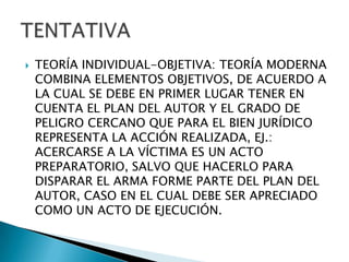    TEORÍA INDIVIDUAL-OBJETIVA: TEORÍA MODERNA
    COMBINA ELEMENTOS OBJETIVOS, DE ACUERDO A
    LA CUAL SE DEBE EN PRIMER LUGAR TENER EN
    CUENTA EL PLAN DEL AUTOR Y EL GRADO DE
    PELIGRO CERCANO QUE PARA EL BIEN JURÍDICO
    REPRESENTA LA ACCIÓN REALIZADA, EJ.:
    ACERCARSE A LA VÍCTIMA ES UN ACTO
    PREPARATORIO, SALVO QUE HACERLO PARA
    DISPARAR EL ARMA FORME PARTE DEL PLAN DEL
    AUTOR, CASO EN EL CUAL DEBE SER APRECIADO
    COMO UN ACTO DE EJECUCIÓN.
 