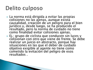    La norma está dirigida a evitar las propias
    colisiones no las ajenas, aunque exista
    causalidad, creación de un peligro para el bien
    jurídico y, desde luego, se ha producido el
    resultado, pero la norma de cuidado no tiene
    como finalidad evitar colisiones ajenas.
   Ej.: grupo de ciclista que conducen sin luces y
    colisionan con otro que viene de frente. Se debe
    realizar un juicio en abstracto, porque hay
    situaciones en las que el deber de cuidado
    objetivo exigible al agente no tiene como
    cometido la evitación del peligro de esos
    resultados .
 