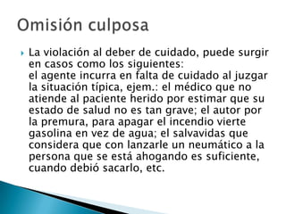    La violación al deber de cuidado, puede surgir
    en casos como los siguientes:
    el agente incurra en falta de cuidado al juzgar
    la situación típica, ejem.: el médico que no
    atiende al paciente herido por estimar que su
    estado de salud no es tan grave; el autor por
    la premura, para apagar el incendio vierte
    gasolina en vez de agua; el salvavidas que
    considera que con lanzarle un neumático a la
    persona que se está ahogando es suficiente,
    cuando debió sacarlo, etc.
 