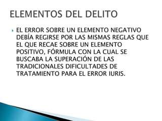    EL ERROR SOBRE UN ELEMENTO NEGATIVO
    DEBÍA REGIRSE POR LAS MISMAS REGLAS QUE
    EL QUE RECAE SOBRE UN ELEMENTO
    POSITIVO, FÓRMULA CON LA CUAL SE
    BUSCABA LA SUPERACIÓN DE LAS
    TRADICIONALES DIFICULTADES DE
    TRATAMIENTO PARA EL ERROR IURIS.
 