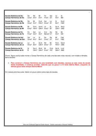 41
Obra com Certificado Digital de Direito Autoral – Direitos reservados a Eduardo Feldberg
Escala Diatônica de Do: Do Ré Mi Fá Sol Lá Si
Campo Harmônico de Do Cma7 Dm7 Em7 Fma7 G7 Am7 BØ
Escala Diatônica de Ré: Ré Mi Fá # Sol Lá Si Do #
Campo Harmônico de Ré Dma7 Em7 F#m7 Gma7 A7 Bm7 C#Ø
Escala Diatônica de Mi: Mi Fá # Sol # Lá Si Do # Ré #
Campo Harmônico de Mi Ema7 F#m7 G#m7 Ama7 B7 C#m7 D#Ø
Escala Diatônica de Fá: Fá Sol Lá Si b Do Ré Mi
Campo Harmônico de Fá Fma7 Gm7 Am7 Bbma7 C7 Dm7 EØ
Escala Diatônica de Sol: Sol Lá Si Do Ré Mi Fá#
Campo Harmônico de Sol: Gma7 Am7 Bm7 Cma7 D7 Em7 F#Ø
Escala Diatônica de Lá: Lá Si Do # Ré Mi Fá # Sol #
Campo Harmônico de Lá Ama7 Bm7 C#m7 Dma7 E7 F#m7 G#Ø
Escala Diatônica de Si: Si Do # Ré # Mi Fá # Sol # Lá #
Campo Harmônico de Si B C#m7 D#m7 Ema7 F#7 G#m7 A#Ø
Pronto. Agora você já sabe montar o Campo Harmônico de cada uma das sete notas naturais, com tríades e tétrades.
Bons estudos!
• Para construir o Campo Harmônico de uma tonalidade com tétrades, escreva as sete notas da escala
desta tonalidade, e construa acordes, sabendo que os graus I e IV terão Sétima Maior, enquanto os
demais graus terão sempre Sétima Menor
Em nossas próximas aulas, falarei um pouco sobre outros tipos de escalas.
 