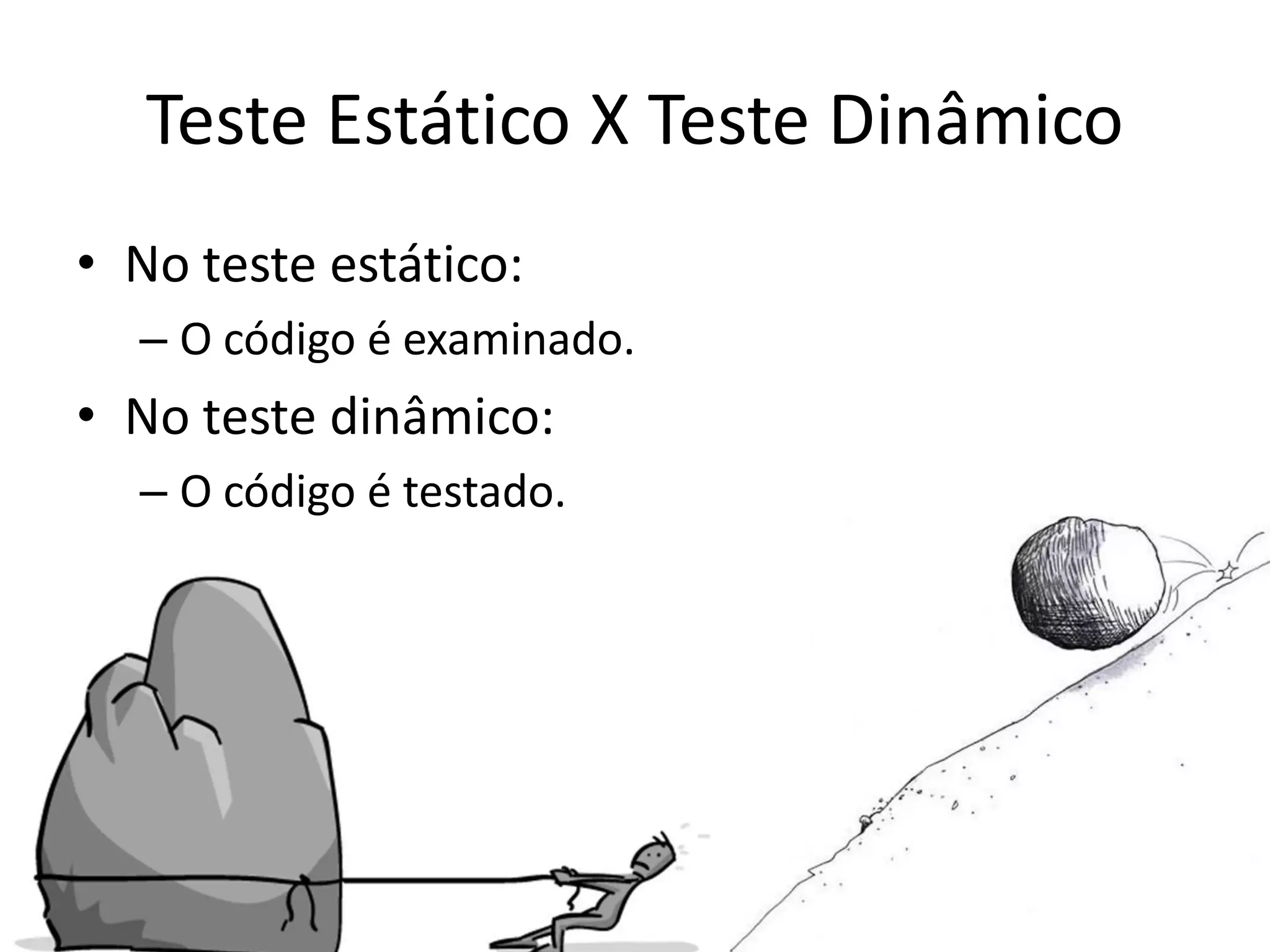 Teste Estático X Teste Dinâmico
• No teste estático:
  – O código é examinado.
• No teste dinâmico:
  – O código é testado.
 