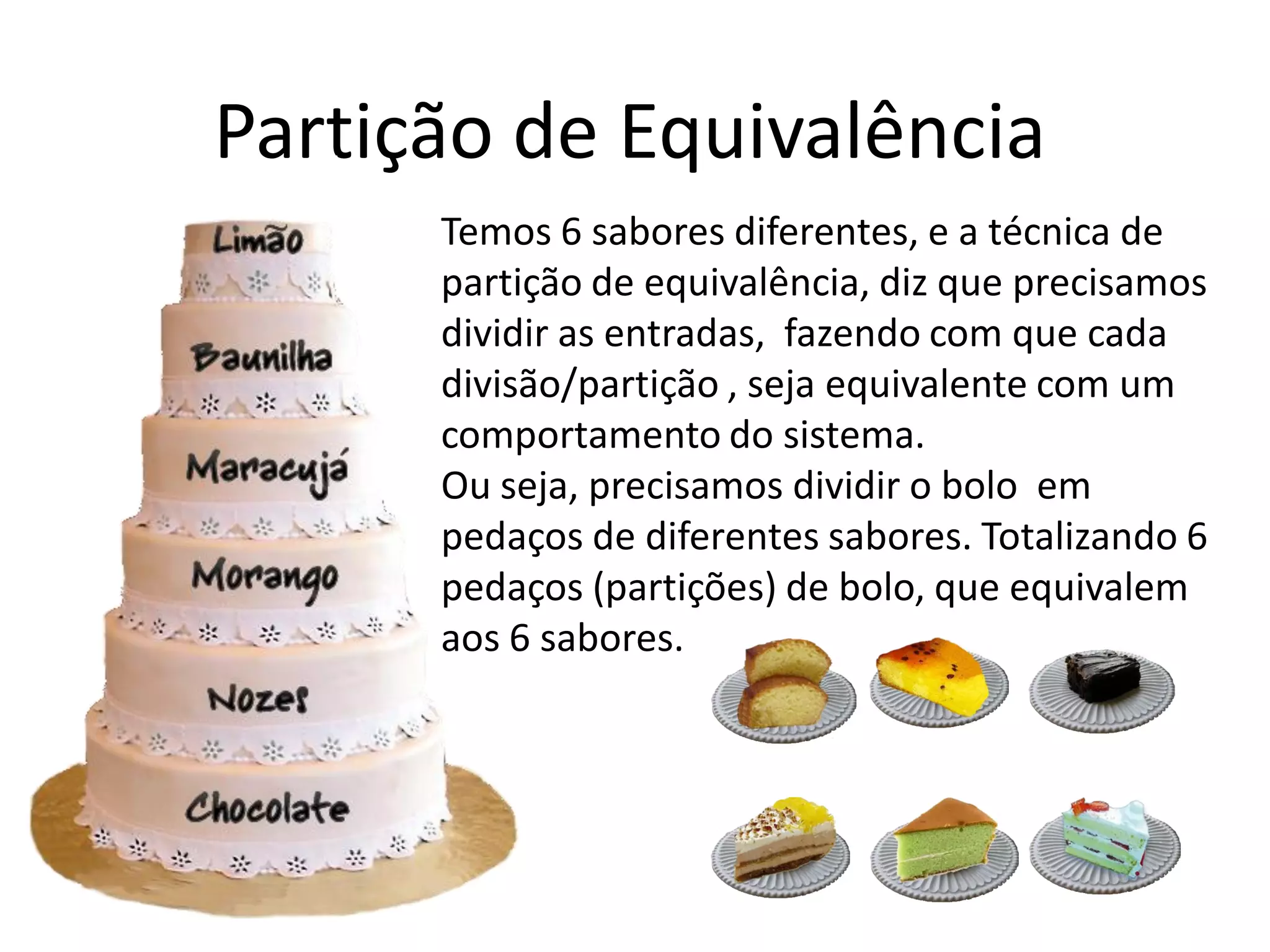 ~                ^
Partição de Equivalência
      Temos 6 sabores diferentes, e a técnica de
      partição de equivalência, diz que precisamos
      dividir as entradas, fazendo com que cada
      divisão/partição , seja equivalente com um
      comportamento do sistema.
      Ou seja, precisamos dividir o bolo em
      pedaços de diferentes sabores. Totalizando 6
      pedaços (partições) de bolo, que equivalem
      aos 6 sabores.
 