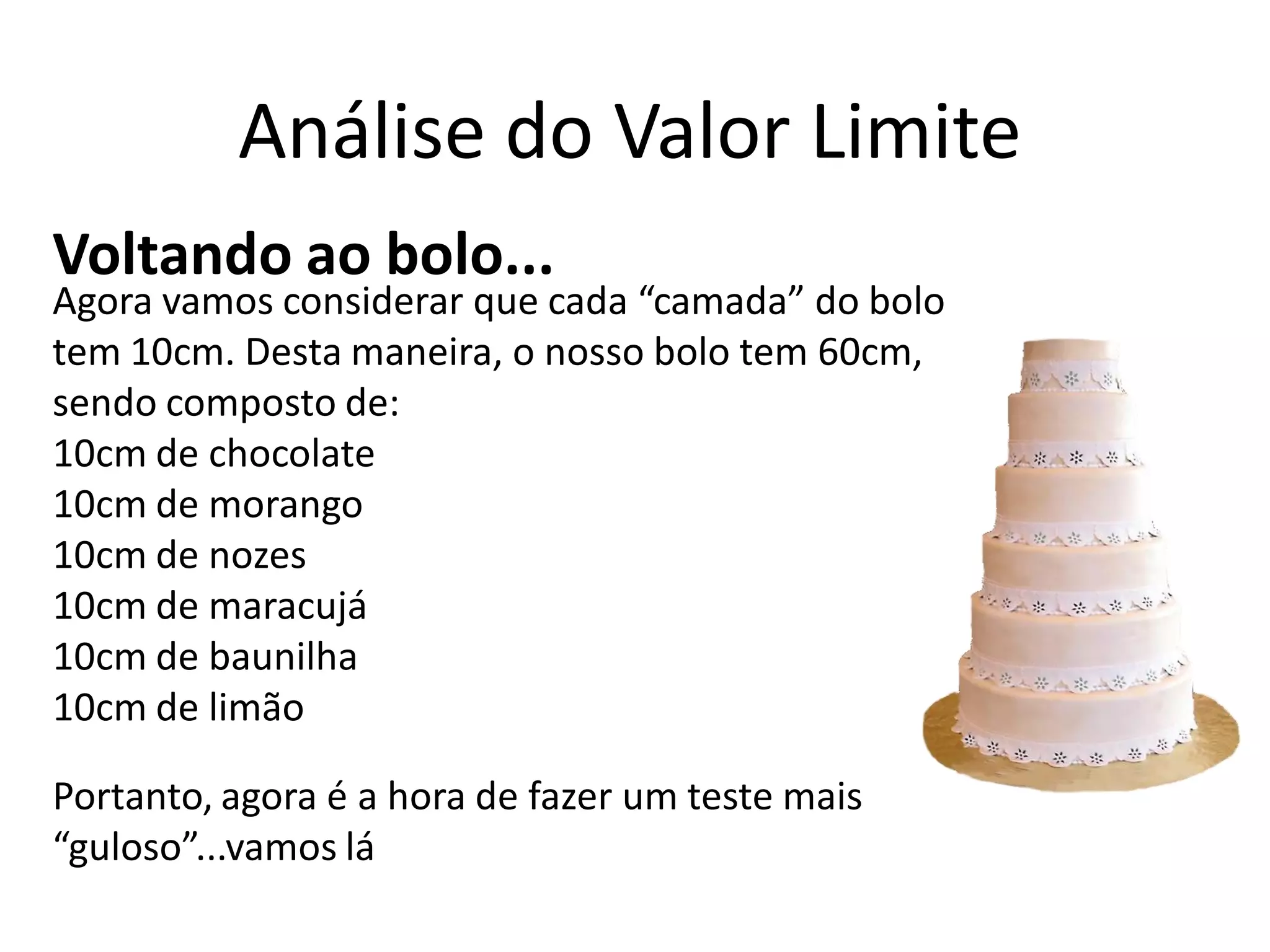 Análise do Valor Limite
Voltando ao bolo...
Agora vamos considerar que cada “camada” do bolo
tem 10cm. Desta maneira, o nosso bolo tem 60cm,
sendo composto de:
10cm de chocolate
10cm de morango
10cm de nozes
10cm de maracujá
10cm de baunilha
10cm de limão

Portanto, agora é a hora de fazer um teste mais
“guloso”...vamos lá
 