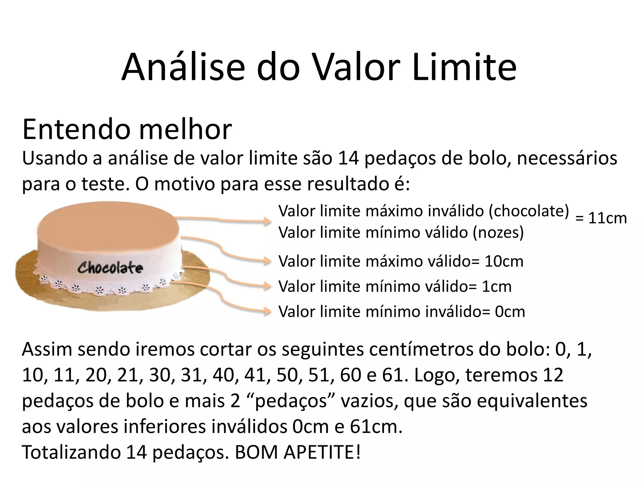 Análise do Valor Limite
Entendo melhor
Usando a análise de valor limite são 14 pedaços de bolo, necessários
para o teste. O motivo para esse resultado é:
                             Valor limite máximo inválido (chocolate) = 11cm
                             Valor limite mínimo válido (nozes)
                             Valor limite máximo válido= 10cm
                             Valor limite mínimo válido= 1cm
                             Valor limite mínimo inválido= 0cm

Assim sendo iremos cortar os seguintes centímetros do bolo: 0, 1,
10, 11, 20, 21, 30, 31, 40, 41, 50, 51, 60 e 61. Logo, teremos 12
pedaços de bolo e mais 2 “pedaços” vazios, que são equivalentes
aos valores inferiores inválidos 0cm e 61cm.
Totalizando 14 pedaços. BOM APETITE!
 