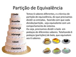 ~                ^
Partição de Equivalência
      Temos 6 sabores diferentes, e a técnica de
      partição de equivalência, diz que precisamos
      dividir as entradas, fazendo com que cada
      divisão/partição , seja equivalente com um
      comportamento do sistema.
      Ou seja, precisamos dividir o bolo em
      pedaços de diferentes sabores. Totalizando 6
      pedaços (partições) de bolo, que equivalem
      aos 6 sabores.
 