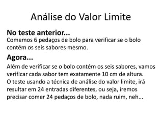 Análise do Valor Limite
No teste anterior...
Comemos 6 pedaços de bolo para verificar se o bolo
contém os seis sabores mesmo.
Agora...
Além de verificar se o bolo contém os seis sabores, vamos
verificar cada sabor tem exatamente 10 cm de altura.
O teste usando a técnica de análise do valor limite, irá
resultar em 24 entradas diferentes, ou seja, iremos
precisar comer 24 pedaços de bolo, nada ruim, neh...
 