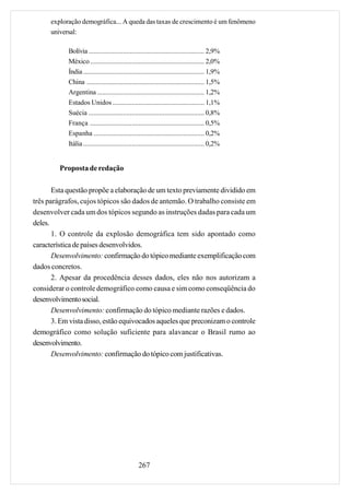 exploração demográfica... A queda das taxas de crescimento é um fenômeno
      universal:

            Bolívia ................................................................... 2,9%
            México .................................................................. 2,0%
            Índia ...................................................................... 1,9%
            China .................................................................... 1,5%
            Argentina .............................................................. 1,2%
            Estados Unidos ..................................................... 1,1%
            Suécia ................................................................... 0,8%
            França .................................................................. 0,5%
            Espanha ................................................................ 0,2%
            Itália ...................................................................... 0,2%


         Proposta de redação

       Esta questão propõe a elaboração de um texto previamente dividido em
três parágrafos, cujos tópicos são dados de antemão. O trabalho consiste em
desenvolver cada um dos tópicos segundo as instruções dadas para cada um
deles.
       1. O controle da explosão demográfica tem sido apontado como
característica de países desenvolvidos.
       Desenvolvimento: confirmação do tópico mediante exemplificação com
dados concretos.
       2. Apesar da procedência desses dados, eles não nos autorizam a
considerar o controle demográfico como causa e sim como conseqüência do
desenvolvimento social.
       Desenvolvimento: confirmação do tópico mediante razões e dados.
       3. Em vista disso, estão equivocados aqueles que preconizam o controle
demográfico como solução suficiente para alavancar o Brasil rumo ao
desenvolvimento.
       Desenvolvimento: confirmação do tópico com justificativas.




                                                 267
 