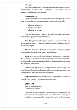 Introdução
      A questão proposta para discutir está implícita no percurso do fragmento
machadiano: a convivência prolongada com outra cultura
leva-nos a perder contacto com a nossa?

      Desenvolvimento
      O plano de estruturação da dissertação pode ser análogo ao do texto de
base, em que está presente um esquema que pode ser assim resumido:

        • afirmação da ausência
        • negação da ausência
        • afirmação da presença

      Essas relações permitem o desenvolvimento da dissertação com base no
plano dialético, que pode ser assim delineado:

      Tese: A longa ausência da própria terra e seu poder transformador, sua
ação descaracterizadora e o risco de perda da identidade pelo distanciamento
da cultura de origem.

     Antítese: A força da identidade com a própria cultura e seu poder
conservador, a garantia de preservação e de continuísmo.

      Síntese: O mergulho prolongado em águas de outra cultura e a assimilação
de seus hábitos só momentânea e aparentemente constitui ameaça de roubar-
nos da nossa. De fato e, ao final da experiência vivida, os traços da nossa cultura
não se apagam, reforçam-se.

      Conclusão: O diplomata não deve furtar-se aos benefícios, para si e
para o desempenho de sua função, de mergulhar em outras culturas se tem a sua
como referência: aquela em que está, vive e morrerá.

     Proposta de redação: Procure desenvolver o tema proposto no vestibular,
tomando como sugestão o roteiro genérico apresentado.

      QUESTÃO 2
      Tema do vestibular de 1989
      Comente o texto abaixo:

      Em todas as nações devemos ver e procurar antes de tudo aquilo em que
      elas nos possam ser úteis e defendermo-nos, é claro, contra o que nos possa
      prejudicar e nos ameaçar, olhar a marcha dos eventos de olhos abertos e



                                       274
 