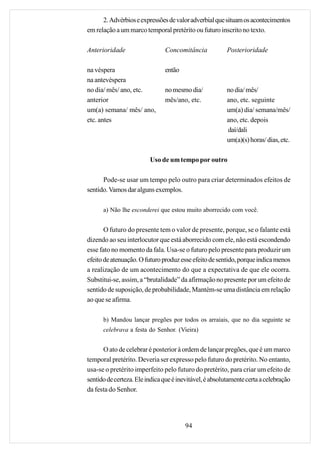 2. Advérbios e expressões de valor adverbial que situam os acontecimentos
em relação a um marco temporal pretérito ou futuro inscrito no texto.

Anterioridade                  Concomitância             Posterioridade

na véspera                     então
na antevéspera
no dia/ mês/ ano, etc.         no mesmo dia/             no dia/ mês/
anterior                       mês/ano, etc.             ano, etc. seguinte
um(a) semana/ mês/ ano,                                  um(a) dia/ semana/mês/
etc. antes                                               ano, etc. depois
                                                         daí/dali
                                                         um(a)(s) horas/ dias, etc.

                         Uso de um tempo por outro

      Pode-se usar um tempo pelo outro para criar determinados efeitos de
sentido. Vamos dar alguns exemplos.

      a) Não lhe esconderei que estou muito aborrecido com você.


       O futuro do presente tem o valor de presente, porque, se o falante está
dizendo ao seu interlocutor que está aborrecido com ele, não está escondendo
esse fato no momento da fala. Usa-se o futuro pelo presente para produzir um
efeito de atenuação. O futuro produz esse efeito de sentido, porque indica menos
a realização de um acontecimento do que a expectativa de que ele ocorra.
Substitui-se, assim, a “brutalidade” da afirmação no presente por um efeito de
sentido de suposição, de probabilidade, Mantém-se uma distância em relação
ao que se afirma.

      b) Mandou lançar pregões por todos os arraiais, que no dia seguinte se
      celebrava a festa do Senhor. (Vieira)


      O ato de celebrar é posterior à ordem de lançar pregões, que é um marco
temporal pretérito. Deveria ser expresso pelo futuro do pretérito. No entanto,
usa-se o pretérito imperfeito pelo futuro do pretérito, para criar um efeito de
sentido de certeza. Ele indica que é inevitável, é absolutamente certa a celebração
da festa do Senhor.




                                        94
 