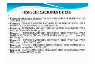 ESPECIFICACIONES DE CFE
K0000-01 (NRF-025-CFE-2002) TRANSFORMADORES DE DISTRIBUCION
TIPO POSTE.
K0000-04 TRANSFORMADORES MONOFASICOS TIPO PEDESTAL PARA
DISTRIBUCION RESIDENCIAL SUBTERRANEA
K0000-05 TRANSFORMADORES TRIFÁSICOS TIPO SUMERGIBLE PARA
DCS, 300 Y 500 KVA HASTA 33 KV.
K0000-07 TRANSFORMADORES TRIFÁSICOS TIPO PEDESTAL PARA
DISTRIBUCIÓN COMERCIAL SUBTERRÁNEA (DCS), 300 Y 500 KVA
HASTA 33 KV.
K0000-08 TRANSFORMADORES TRIFÁSICOS TIPO PEDESTAL PARA
DRS, 75 A 225 KVA HASTA 33KV.
K0000-19 TRANSFORMADORES MONOFÁSICOS TIPO SUMERGIBLES
PARA DRS, 25-100 KVA, HASTA 33KV.
K0000-22 TRANSFORMADORES TRIFÁSICOS TIPO SUMERGIBLES PARA
DRS, 75-225 KVA HASTA 33 KV.
 