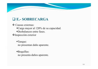 111
E.- SOBRECARGA
Causas externas:
Carga mayor al 120% de su capacidad.
Desbalanceo entre fases.
Inspección exterior
Tanque:
no presentan daño aparente.
Boquillas:
no presenta daños aparente.
 