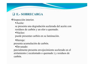 Inspección interior.
Aceite:
se presenta una degradación acelerada del aceite con
residuos de carbón y un olor a quemado.
Núcleo:
puede presentar carbón en su laminación.
Herraje:
presenta acumulación de carbón.
Devanado:
parcialmente presenta envejecimiento acelerado en el
aislamiento ( recalentado o quemado ) y residuos de
carbón.
E.- SOBRECARGA
 