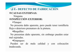 F.- DEFECTO DE FABRICACIÓ
CAUSAS EXTER AS:
Ninguna.
I SPECCIÓ EXTERIOR:
Tanque:
No presenta daño aparente, pero puede tener tornillería
floja o deterioro prematuro de la pintura.
Boquillas:
No presentan daño aparente, sin embargo pueden estar
mal sujetadas.
Empaques:
Pueden ser de mala calidad y con colocación
inadecuada.
 