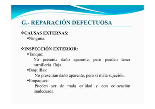 G.- REPARACIÓ DEFECTUOSA
CAUSAS EXTER AS:
Ninguna.
I SPECCIÓ EXTERIOR:
Tanque:
No presenta daño aparente, pero pueden tener
tornillería floja.
Boquillas:
No presentan daño aparente, pero si mala sujeción.
Empaques:
Pueden ser de mala calidad y con colocación
inadecuada.
 