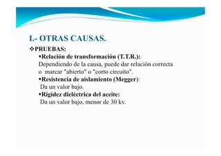 I.- OTRAS CAUSAS.
PRUEBAS:
Relación de transformación (T.T.R.):
Dependiendo de la causa, puede dar relación correcta
o marcar "abierto" o "corto circuito".
Resistencia de aislamiento (Megger):
Da un valor bajo.
Rigidez dieléctrica del aceite:
Da un valor bajo, menor de 30 kv.
 