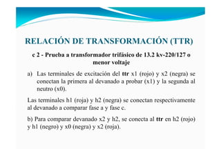 RELACIÓ DE TRA SFORMACIÓ (TTR)
c 2 - Prueba a transformador trifásico de 13.2 kv-220/127 o
menor voltaje
a) Las terminales de excitación del ttr x1 (rojo) y x2 (negra) se
conectan la primera al devanado a probar (x1) y la segunda al
neutro (x0).
Las terminales h1 (roja) y h2 (negra) se conectan respectivamente
al devanado a comparar fase a y fase c.
b) Para comparar devanado x2 y h2, se conecta al ttr en h2 (rojo)
y h1 (negro) y x0 (negra) y x2 (roja).
 