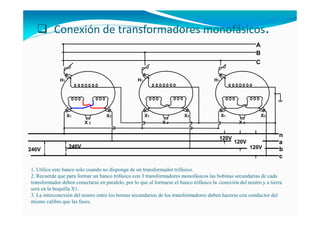 Conexión de transformadores monofásicos.
H1
X1
X 2
X3
H1
X1
X 2
X3
A
B
C
240V
n
a
b
c
240V
H1
X1
X 2
X3
120V
120V
120V
1. Utilice este banco solo cuando no disponga de un transformador trifásico.
2. Recuerde que para formar un banco trifásico con 3 transformadores monofásicos las bobinas secundarias de cada
transformador deben conectarse en paralelo, por lo que al formarse el banco trifásico la conexión del neutro y a tierra
será en la boquilla X1.
3. La interconexión del neutro entre los bornes secundarios de los transformadores deben hacerse con conductor del
mismo calibre que las fases.
 