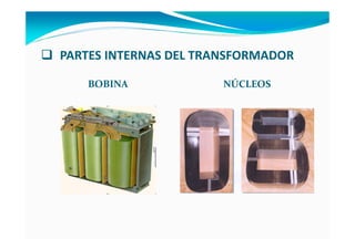 PARTES INTERNAS DEL TRANSFORMADOR
BOBINA NÚCLEOS
 