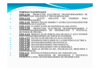 ORMAS ACIO ALES
MX-J-116 PRODUCTOS ELECTRICOS TRANSFORMADORES DE
DISTRIBUCION TIPO POSTE Y TIPO SUBESTACION.
MX-J-123 ACEITE AISLANTE NO INHIBIDO PARA
TRANSFORMADORES.
MX-J-151 PRODUCTOS DE HIERRO Y ACERO GALVANIZADOS POR
INMERSION EN CALIENTE.
MX-J-153 CLASIFICACION DE MATERIALES AISLANTES.
MX-J-169 PRODUCTOS ELECTRICOS TRANSFORMADORES Y
AUTOTRANSFORMADORES DE DISTRIBUCION Y POTENCIA.
METODOS DE PRUEBA.
MX-J-234 BOQUILLAS DE PORCELANA DE BAJA Y ALTA TENSION
PARA TRANSFORMADORES DE SERVICIO EXTERIOR.
MX-J-272 TECNICAS DE PRUEBA EN ALTA TENSION.
MX-J-281 TERMINOS EMPLEADOS EN LA INDUSTRIA ELECTRICA.
MX-J-284 TRANSFORMADORES DE POTENCIA.
MX-J-285 TRANSFORMADORES TIPO PEDESTAL.
MX-J-287 TRANSFORMADORES TIPO SUMERGIBLE.
MX-H-26 ROSCAS METRICAS ISO, TOLERANCIAS, PRINCIPIOS Y
DATOS BASICOS.
MX-Z-12 SISTEMA INTERNACIONAL DE UNIDADES (SI).
OM-002 REQUISITOS DE SEGURIDAD Y EFICIENCIA
ENERGÉTICA PARA TRANSFORMADORES DE DISTRIBUCIÓN.
 
