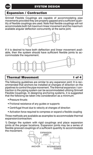 128 SYSTEM DESIGN 
Expansion / Contraction 
Grinnell Flexible Couplings are capable of accommodating pipe 
movements provided they are properly gapped and a sufficient quan-tity 
of flexible couplings are used. Note that flexible couplings will not 
accommodate both full maximum linear movement and the maximum 
available angular deflection concurrently at the same joint. 
If it is desired to have both deflection and linear movement avail-able, 
then the system should have sufficient flexible joints to ac-commodate 
the requirement. 
Thermal Movement 1 of 4 
The following guidelines are similar to any expansion joint: It is rec-ommended 
that anchors be installed at changes of direction on the 
pipelines to control the pipe movement. The thermal expansion / con-traction 
in the piping system can be accommodated utilizing Grinnell 
Flexible Couplings. In designing anchoring systems, it is suggested 
that the following be taken into consideration as a minimum: 
• Pressure thrusts 
• Frictional resistance of any guides or supports 
• Centrifugal thrust due to velocity at changes of direction 
• Activation force required to compress or expand a flexible coupling 
Three methods are available as examples to accommodate thermal 
expansion/contraction: 
1) Design the system with rigid couplings and place expansion 
joints at the proper locations. Expansion joints may be a series of 
flexible grooved couplings of a sufficient quantity to accommodate 
the movement. 
EXPANSION 
JOINT 
INTERMEDIATE 
GUIDES 
ANCHOR 
 