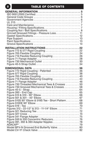 2 TABLE OF CONTENTS 
GENERAL INFORMATION . . . . . . . . . . . . . . . . . . . . . . . . . . . . . 5 
ISO 9001:2000 Certified . . . . . . . . . . . . . . . . . . . . . . . . . . . . . . . 5 
General Code Groups . . . . . . . . . . . . . . . . . . . . . . . . . . . . . . . . 6 
Government Agencies . . . . . . . . . . . . . . . . . . . . . . . . . . . . . . . . 6 
UL 213 . . . . . . . . . . . . . . . . . . . . . . . . . . . . . . . . . . . . . . . . . . . . . 7 
Care and Maintenance . . . . . . . . . . . . . . . . . . . . . . . . . . . . . . . . 7 
Housing / Fitting Specifications . . . . . . . . . . . . . . . . . . . . . . . . . 7 
Coupling Nut / Bolt Specifications . . . . . . . . . . . . . . . . . . . . . . . 8 
Grinnell Grooved Fittings - Pressure Loss . . . . . . . . . . . . . . . . 11 
Gasket Specifications . . . . . . . . . . . . . . . . . . . . . . . . . . . . . . . . 12 
Pipe Support . . . . . . . . . . . . . . . . . . . . . . . . . . . . . . . . . . . . . . . 13 
Paint Specifications . . . . . . . . . . . . . . . . . . . . . . . . . . . . . . . . . 13 
Groove Specifications . . . . . . . . . . . . . . . . . . . . . . . . . . . . . . . 14 
INSTALLATION INSTRUCTIONS . . . . . . . . . . . . . . . . . . . . . . . 22 
Figure 772  577 Rigid Coupling . . . . . . . . . . . . . . . . . . . . . . . 22 
Figure 705 Flexible Coupling . . . . . . . . . . . . . . . . . . . . . . . . . . 24 
Figure 716 Flexible Reducing Coupling . . . . . . . . . . . . . . . . . . 26 
Figure 71 Flange Adapter . . . . . . . . . . . . . . . . . . . . . . . . . . . . . 28 
Figure 730 Mechanical Outlet . . . . . . . . . . . . . . . . . . . . . . . . . 30 
Figure 40-5 Strap Outlet . . . . . . . . . . . . . . . . . . . . . . . . . . . . . . 34 
DIMENSIONAL DATA . . . . . . . . . . . . . . . . . . . . . . . . . . . . . . . . 36 
Figure 772 Rigid Coupling - Patented . . . . . . . . . . . . . . . . . . . 36 
Figure 577 Rigid Coupling . . . . . . . . . . . . . . . . . . . . . . . . . . . . 38 
Figure 705 Flexible Coupling . . . . . . . . . . . . . . . . . . . . . . . . . . 40 
Figure 716 Flexible Reducing Coupling . . . . . . . . . . . . . . . . . . 44 
Figure 71 Flange Adapter . . . . . . . . . . . . . . . . . . . . . . . . . . . . . 46 
Figure 730 Threaded Mechanical Tees  Crosses . . . . . . . . . 50 
Figure 730 Grooved Mechanical Tees  Crosses . . . . . . . . . . 58 
Figure 40-5 - Strap . . . . . . . . . . . . . . . . . . . . . . . . . . . . . . . . . . 64 
Figure 260 - End Cap . . . . . . . . . . . . . . . . . . . . . . . . . . . . . . . . 65 
Figure 510  310 - 90° Elbow . . . . . . . . . . . . . . . . . . . . . . . . . . 66 
Figure 501  301 - 45° Elbow . . . . . . . . . . . . . . . . . . . . . . . . . . 67 
Figure 510S 90° Elbow  519S Tee - Short Pattern . . . . . . . . . 68 
Figure 510DE 90° Elbow . . . . . . . . . . . . . . . . . . . . . . . . . . . . . . 69 
Figure 519 - Tee . . . . . . . . . . . . . . . . . . . . . . . . . . . . . . . . . . . . 70 
Figures 312 - 22-1/2°  313 - 11-1/4° Elbow . . . . . . . . . . . . . . . 71 
Figure 321 Reducing Tee . . . . . . . . . . . . . . . . . . . . . . . . . . . . . 72 
Figure 327 Cross . . . . . . . . . . . . . . . . . . . . . . . . . . . . . . . . . . . 74 
Figure 341 Flange Adapter . . . . . . . . . . . . . . . . . . . . . . . . . . . . 75 
Figure 550  350 Concentric Reducers . . . . . . . . . . . . . . . . . . 76 
Figure 391, 392  393 Adapter Nipples . . . . . . . . . . . . . . . . . . 78 
ADACAP® . . . . . . . . . . . . . . . . . . . . . . . . . . . . . . . . . . . . . . . . . 79 
Model BFV-N Grooved End Butterfly Valve . . . . . . . . . . . . . . . 80 
Model CV-1F Check Valve . . . . . . . . . . . . . . . . . . . . . . . . . . . . 82 
 
