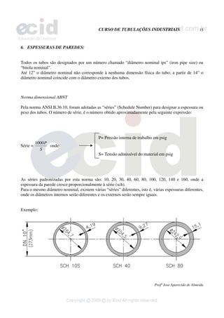 CURSO DE TUBULAÇÕES INDUSTRIAIS 15
Profº Jose Aparecido de Almeida
6. ESPESSURAS DE PAREDES:
Todos os tubos são designados por um número chamado “diâmetro nominal ips” (iron pipe size) ou
“bitola nominal”.
Até 12” o diâmetro nominal não corresponde à nenhuma dimensão física do tubo; a partir de 14” o
diâmetro nominal coincide com o diâmetro externo dos tubos.
Norma dimensional ABNT
Pela norma ANSI.B.36.10, foram adotadas as “séries” (Schedule Number) para designar a espessura ou
peso dos tubos. O número de série, é o número obtido aproximadamente pela seguinte expressão:
P= Pressão interna de trabalho em psig
Série =
S
P
1000
onde:
S= Tensão admissível do material em psig
As séries padronizadas por esta norma são: 10, 20, 30, 40, 60, 80, 100, 120, 140 e 160, onde a
espessura da parede cresce proporcionalmente à série (sch).
Para o mesmo diâmetro nominal, existem várias “séries” diferentes, isto é, várias espessuras diferentes,
onde os diâmetros internos serão diferentes e os externos serão sempre iguais.
Exemplo:
 