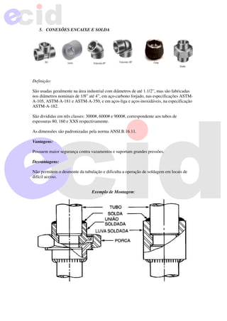 5. CONEXÕES ENCAIXE E SOLDA
Definição:
São usadas geralmente na área industrial com diâmetros de até 1.1/2”, mas são fabricadas
nos diâmetros nominais de 1/8” até 4”, em aço-carbono forjado, nas especificações ASTM-
A-105, ASTM-A-181 e ASTM-A-350, e em aços-liga e aços-inoxidáveis, na especificação
ASTM-A-182.
São divididas em três classes: 3000#, 6000# e 9000#, correspondente aos tubos de
espessuras 80, 160 e XXS respectivamente.
As dimensões são padronizadas pela norma ANSI.B.16.11.
Vantagens:
Possuem maior segurança contra vazamentos e suportam grandes pressões.
Desvantagens:
Não permitem o desmonte da tubulação e dificulta a operação de soldagem em locais de
difícil acesso.
Exemplo de Montagem:
 